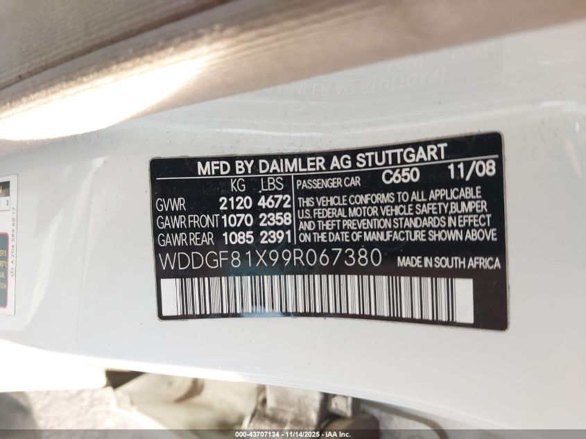 2009 Mercedes-Benz C 300 Luxury 4Matic/Sport 4Matic VIN: WDDGF81X99R067380 Lot: 43707134