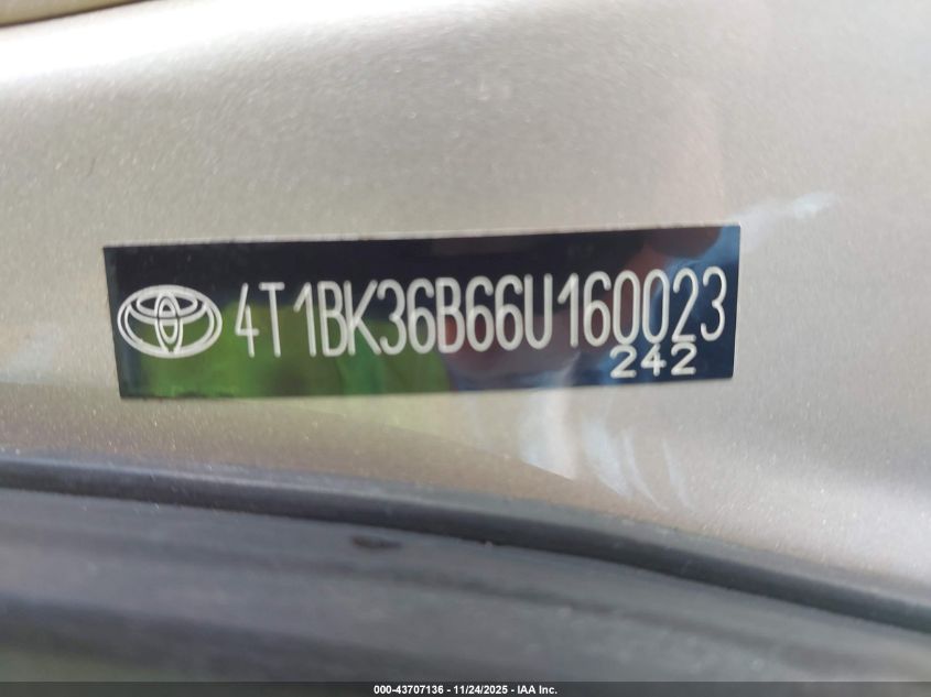 2006 Toyota Avalon Xls VIN: 4T1BK36B66U160023 Lot: 43707136