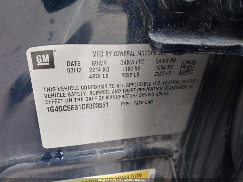 2012 Buick Lacrosse Leather Group VIN: 1G4GC5E31CF303551 Lot: 43707139