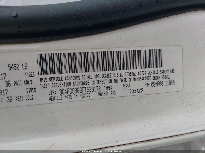 2015 Dodge Journey Sxt VIN: 3C4PDCBG6FT529172 Lot: 43707140