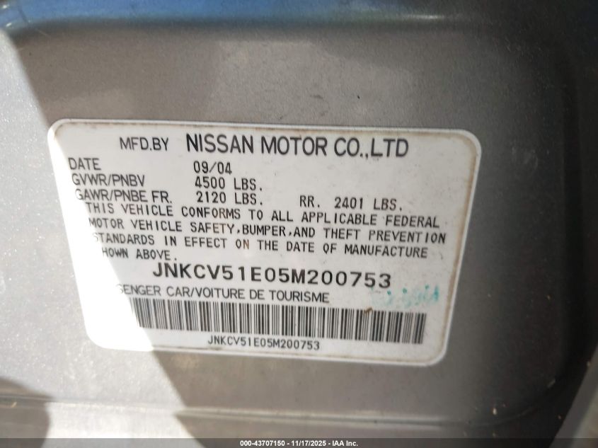 2005 Infiniti G35 VIN: JNKCV51E05M200753 Lot: 43707150