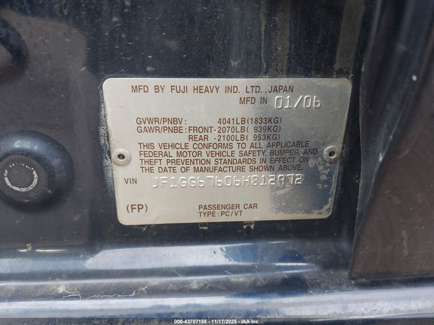 2006 Subaru Impreza 2.5I VIN: JF1GG67606H812972 Lot: 43707158
