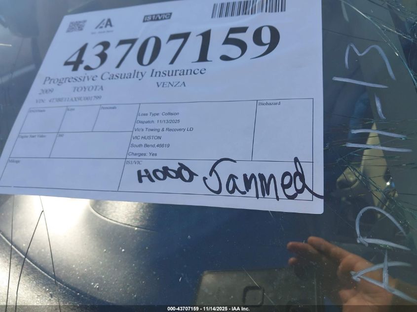 2009 Toyota Venza VIN: 4T3BE11AX9U001799 Lot: 43707159