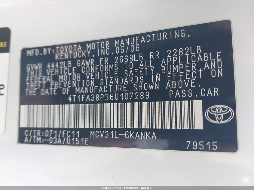 2006 Toyota Camry Solara Se VIN: 4T1FA38P36U107289 Lot: 43707160