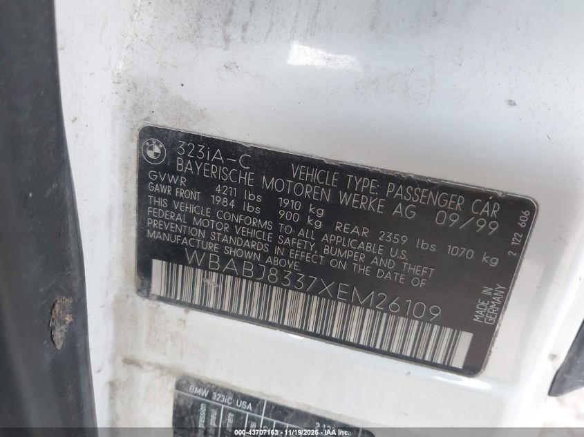 1999 BMW 323Ic VIN: WBABJ8337XEM26109 Lot: 43707163