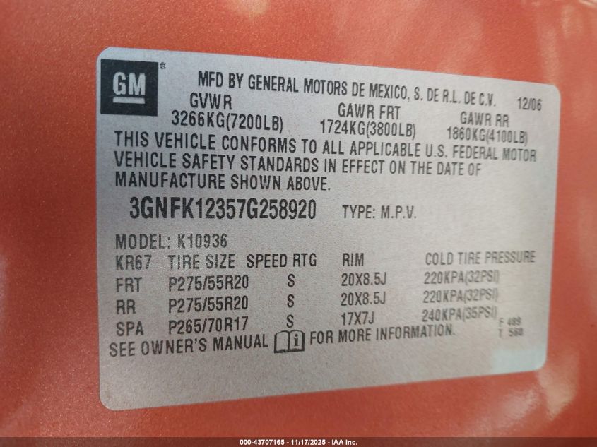 2007 Chevrolet Avalanche 1500 Lt VIN: 3GNFK12357G258920 Lot: 43707165