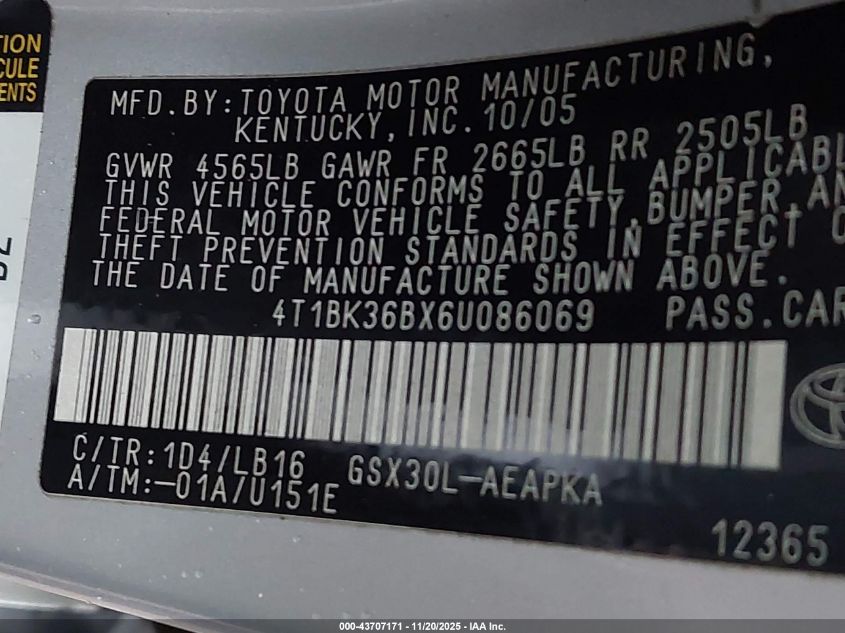 2006 Toyota Avalon Limited VIN: 4T1BK36BX6U086069 Lot: 43707171