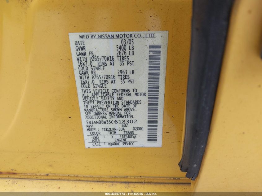 2005 Nissan Xterra S VIN: 5N1AN08W35C618302 Lot: 43707174