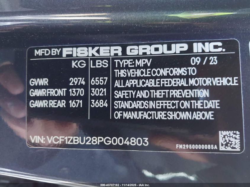 2023 Fisker Ocean One VIN: VCF1ZBU28PG004803 Lot: 43707182