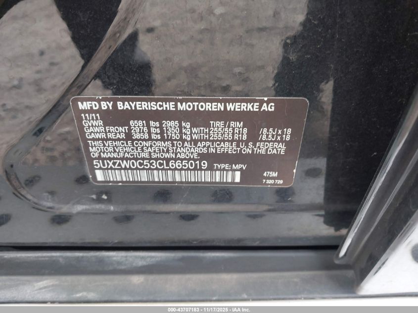 2012 BMW X5 xDrive35D VIN: 5UXZW0C53CL665019 Lot: 43707183