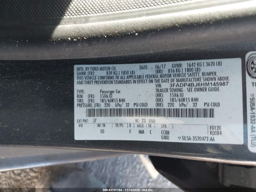 2017 Ford Fiesta Se VIN: 3FADP4BJ6HM145987 Lot: 43707184