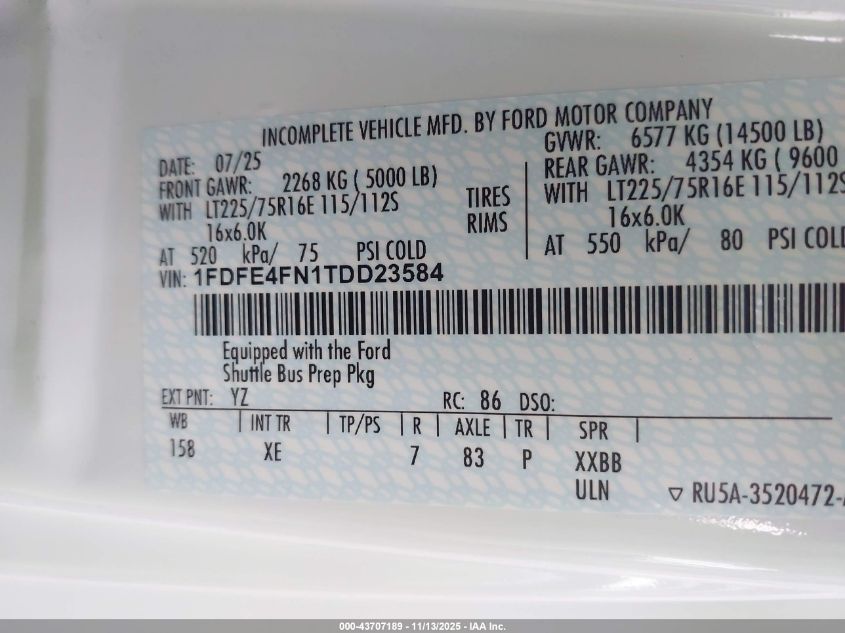 2026 Ford E-450 Cutaway VIN: 1FDFE4FN1TDD23584 Lot: 43707189