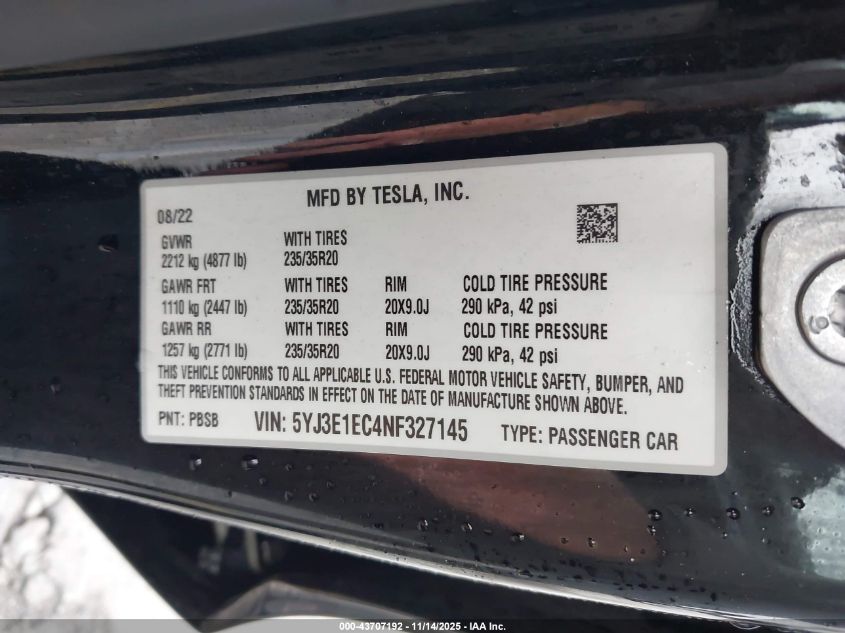 2022 Tesla Model 3 Performance Dual Motor All-Wheel Drive VIN: 5YJ3E1EC4NF327145 Lot: 43707192