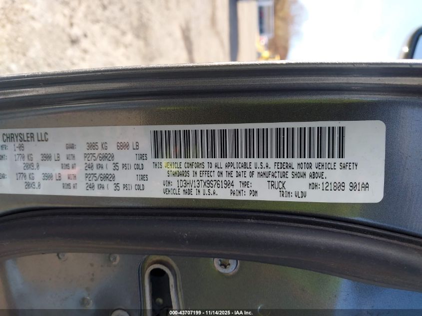 2009 Dodge Ram 1500 Laramie VIN: 1D3HV13TX9S761904 Lot: 43707199