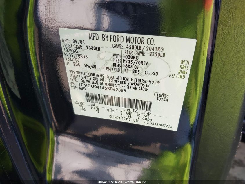 2005 Ford Escape Limited VIN: 1FMCU04145KB62368 Lot: 43707206