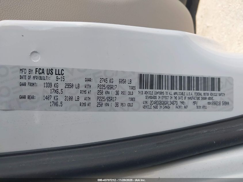 2016 Dodge Grand Caravan American Value Pkg VIN: 2C4RDGBG8GR134673 Lot: 43707212