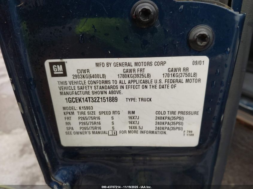 2002 Chevrolet Silverado 1500 Ls VIN: 1GCEK14T32Z151889 Lot: 43707214