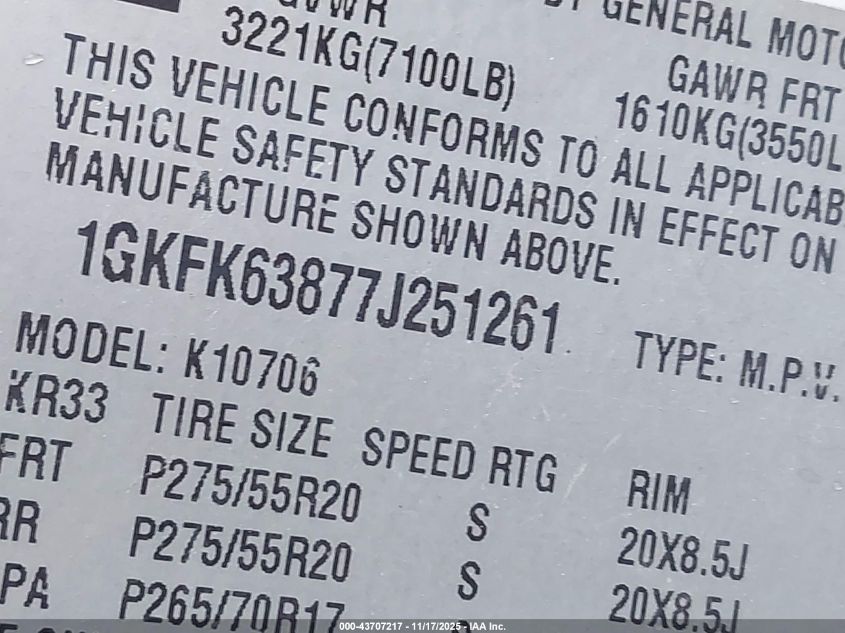 2007 GMC Yukon Denali VIN: 1GKFK63877J251261 Lot: 43707217