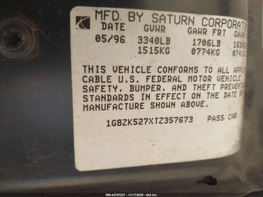 1996 Saturn Sl2 VIN: 1G8ZK527XTZ357673 Lot: 43707237