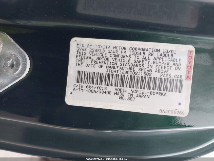 2002 Toyota Echo VIN: JTDAT123020211582 Lot: 43707249