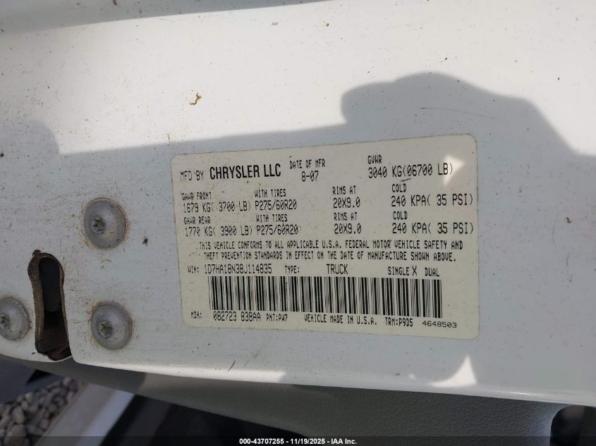 2008 Dodge Ram 1500 Slt VIN: 1D7HA18N38J114835 Lot: 43707255