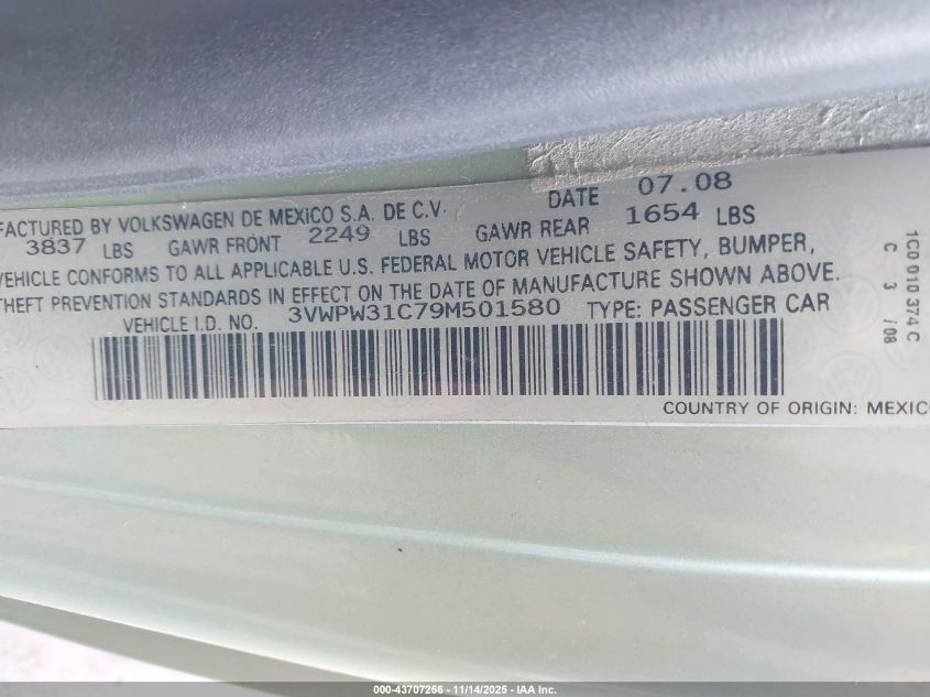 2009 Volkswagen New Beetle 2.5L VIN: 3VWPW31C79M501580 Lot: 43707256