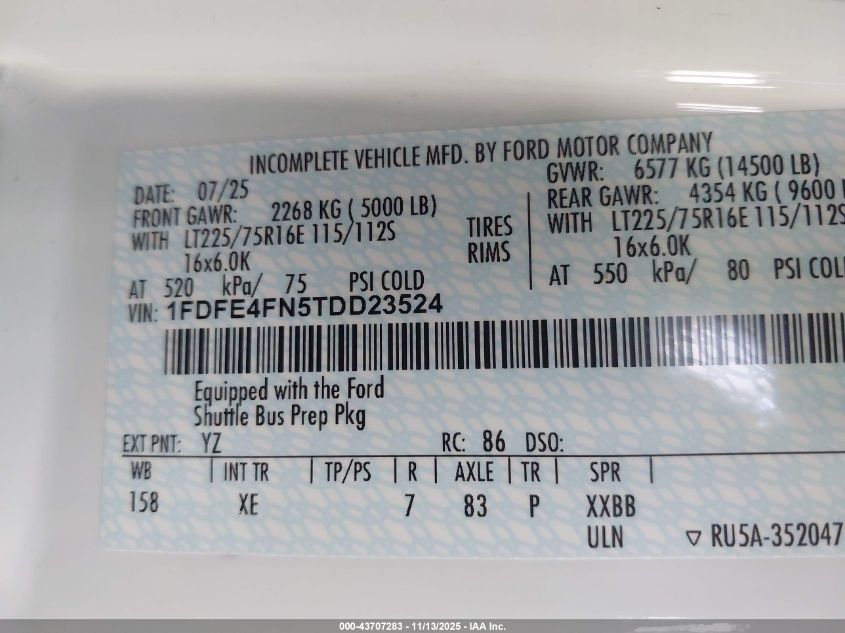 2026 Ford E-450 Cutaway VIN: 1FDFE4FN5TDD23524 Lot: 43707283