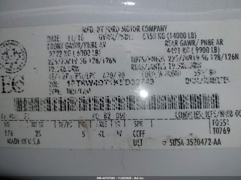 2019 Ford F450 VIN: AFT8W4DT1KED32743 Lot: 43707285