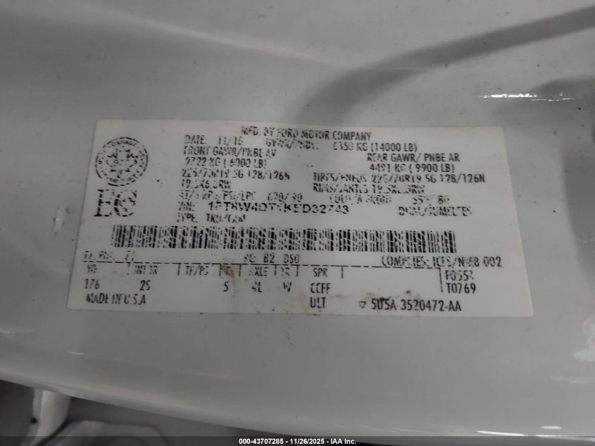 2019 Ford F450 VIN: AFT8W4DT1KED32743 Lot: 43707285