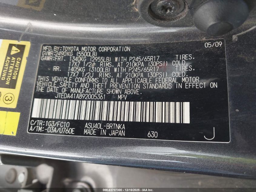 2009 Toyota Highlander VIN: JTEDA41A892005361 Lot: 43707300