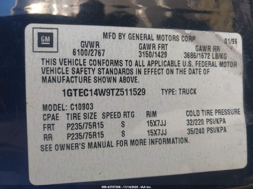 1996 GMC Sierra C1500 VIN: 1GTEC14W9TZ511529 Lot: 43707306