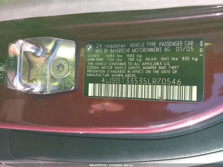 2005 BMW Z4 2.5I VIN: 4USBT33535LR70546 Lot: 43707315