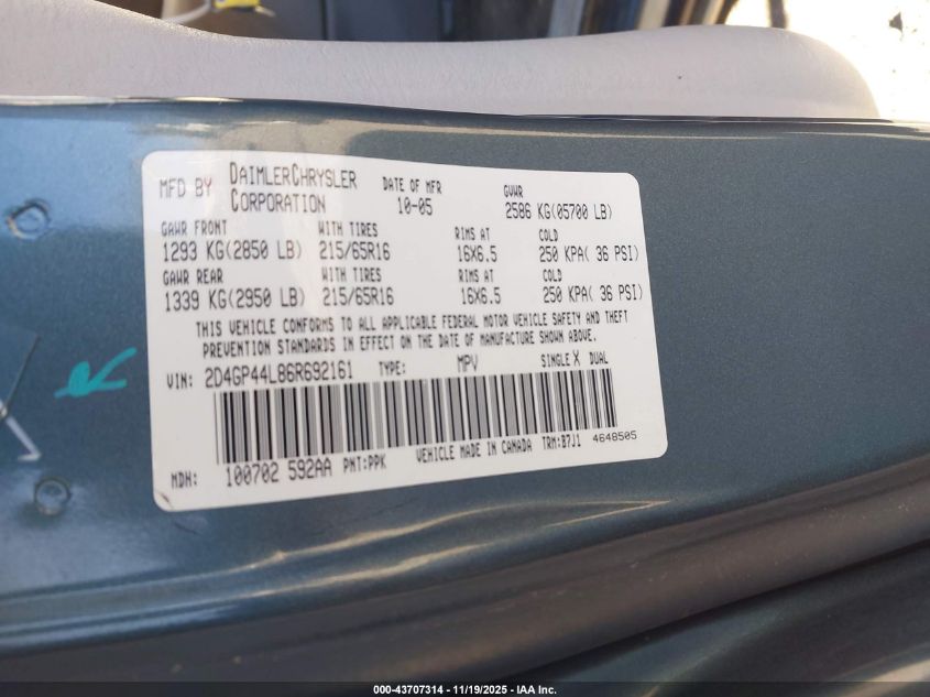 2006 Dodge Grand Caravan Sxt VIN: 2D4GP44L86R692161 Lot: 43707314
