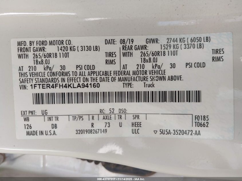 2019 Ford Ranger Lariat VIN: 1FTER4FH4KLA94160 Lot: 43707317