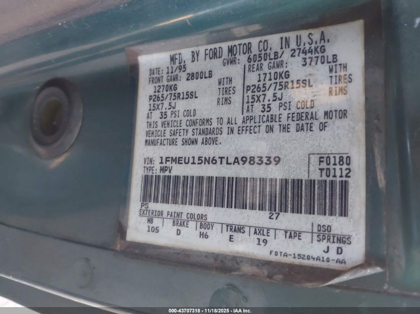 1996 Ford Bronco U100 VIN: 1FMEU15N6TLA98339 Lot: 43707318