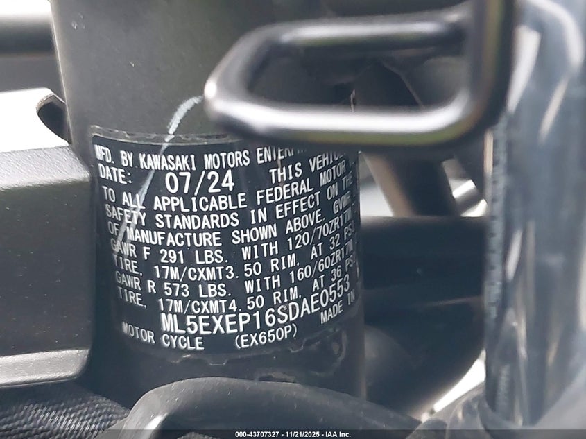 2025 Kawasaki Ex650 P VIN: ML5EXEP16SDAE0553 Lot: 43707327