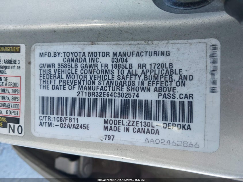 2T1BR32E64C302574 2004 TOYOTA COROLLA photo no. 9