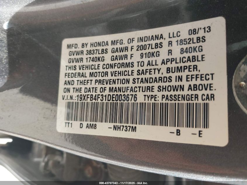 2013 Honda Civic Hybrid VIN: 19XFB4F31DE003676 Lot: 43707343