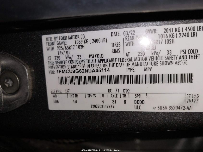 2022 Ford Escape Se VIN: 1FMCU9G62NUA45114 Lot: 43707350