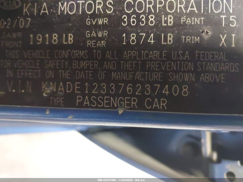 2007 Kia Rio Lx VIN: KNADE123376237408 Lot: 43707369