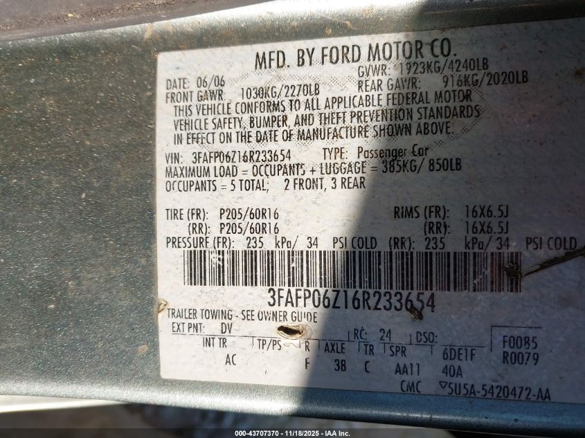 2006 Ford Fusion S VIN: 3FAFP06Z16R233654 Lot: 43707370