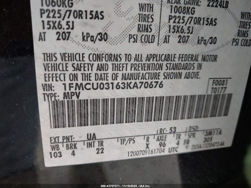 2003 Ford Escape Xlt VIN: 1FMCU03163KA70676 Lot: 43707371