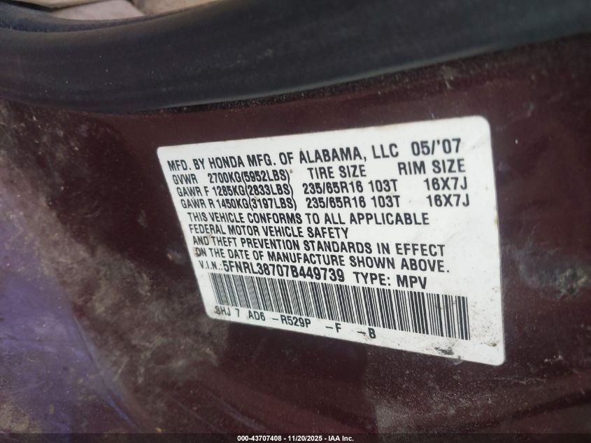 2007 Honda Odyssey Ex-L VIN: 5FNRL38707B449739 Lot: 43707408