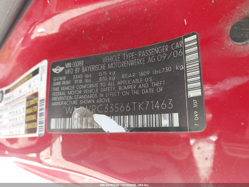 2006 Mini Cooper VIN: WMWRC33566TK71463 Lot: 43707414