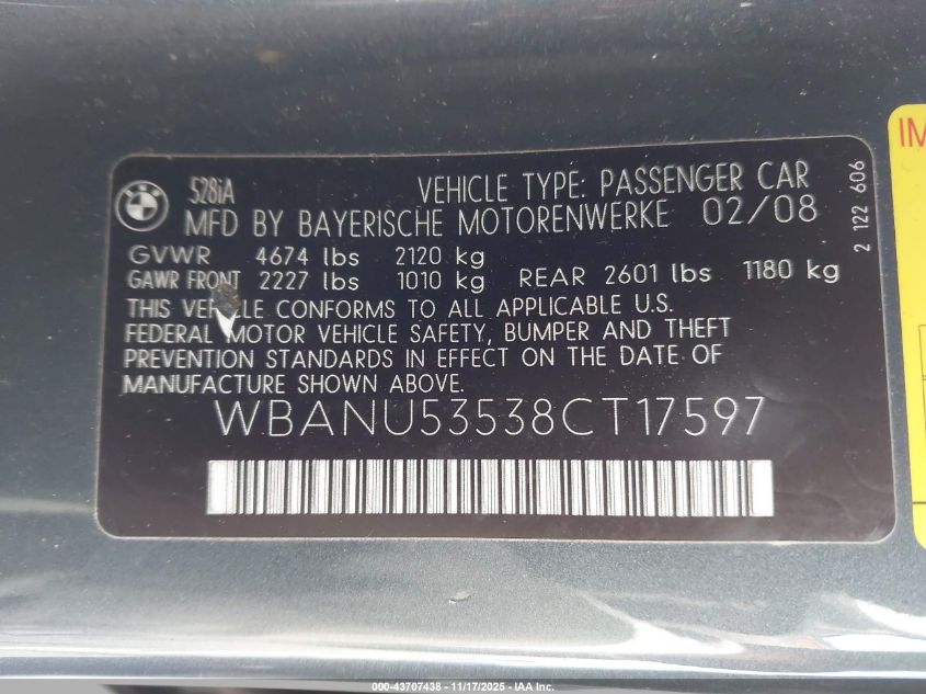 2008 BMW 528I VIN: WBANU53538CT17597 Lot: 43707438
