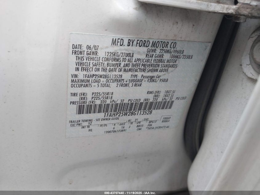 2008 Ford Taurus Limited VIN: 1FAHP25W28G113528 Lot: 43707440