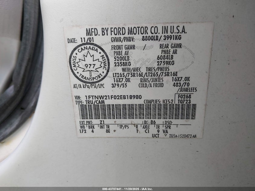 2002 Ford F-250 Lariat/Xl/Xlt VIN: 1FTNW21F02EB18980 Lot: 43707441
