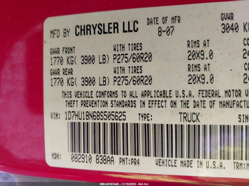 2008 Dodge Ram 1500 Slt VIN: 1D7HU18N68S505625 Lot: 43707449