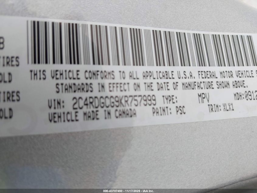 2019 Dodge Grand Caravan Sxt VIN: 2C4RDGCG9KR757999 Lot: 43707450