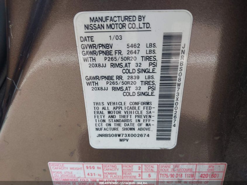 2003 Infiniti Fx45 VIN: JNRBS08W73X002674 Lot: 43707452